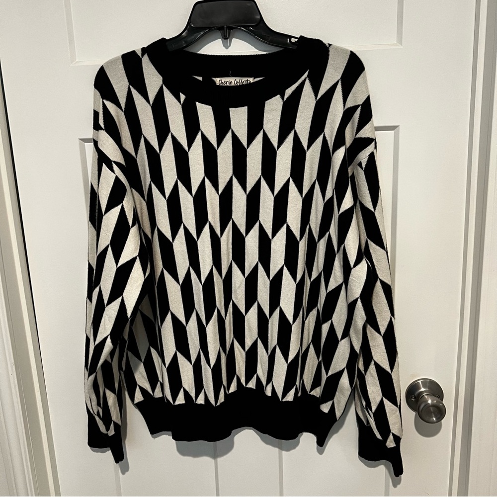 Cherie Collette Geometric Viscose Blend Sweater Size 2x Black White Soft